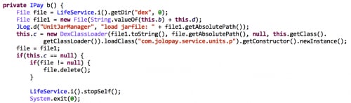 Figure 7. Some of the JoloPay code is invoked by DEX dynamic loading and reflection