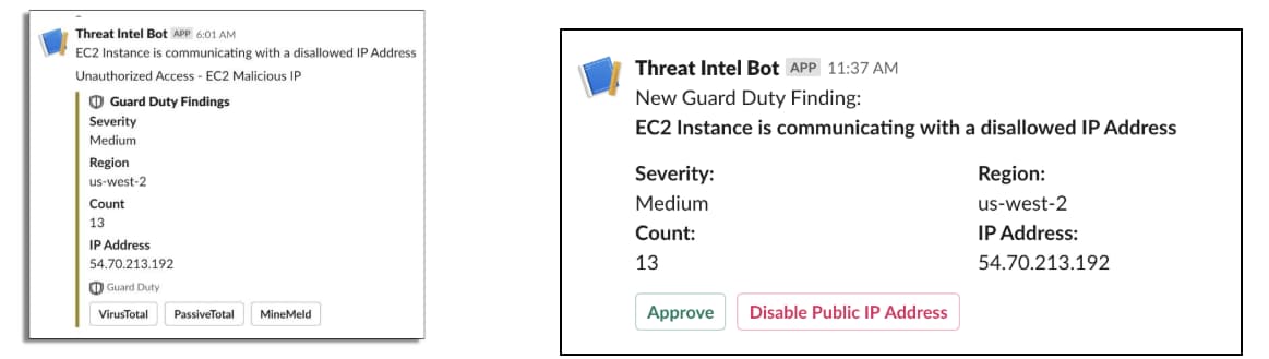 This screenshot shows examples of how a threat intelligence bot would appear when providing threat intelligence.