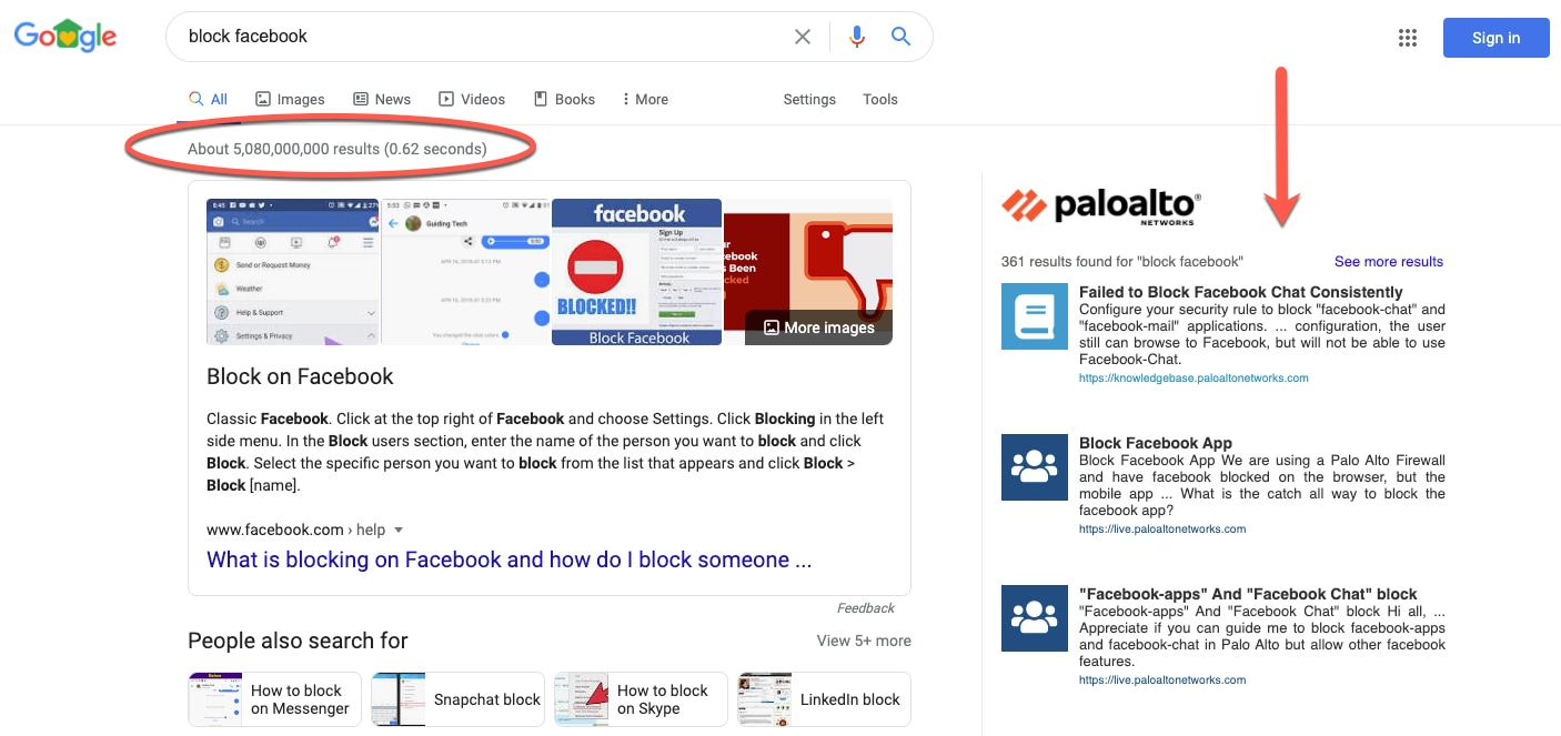 This screenshot illustrates the difference between standard Google search results and targeted results from the Palo Alto Networks Google Search Extension.