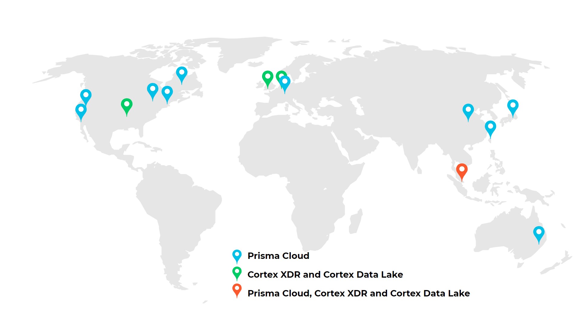 This map shows the cloud hosting locations for Prisma Cloud, Cortex XDR and Cortex Data Lake, including a new Singapore cloud hosting location.